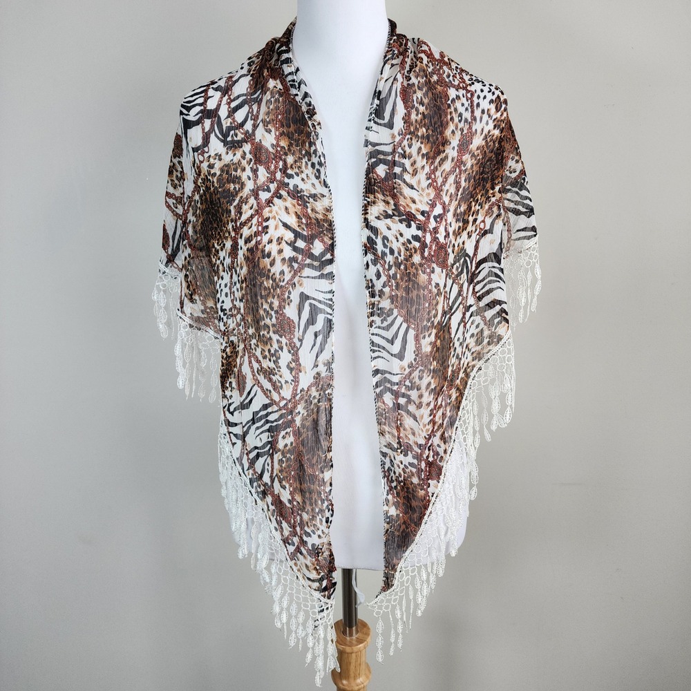 Animal Print Fringe Scarf Shawl Brown Zebra Leopard Wrap Cover Up Event Formal